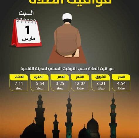 مواقيت الصلاة اليوم السبت الحادي عشر من أبريل ألفين وستة وعشرين في جميع محافظات الجمهورية بالتفصيل